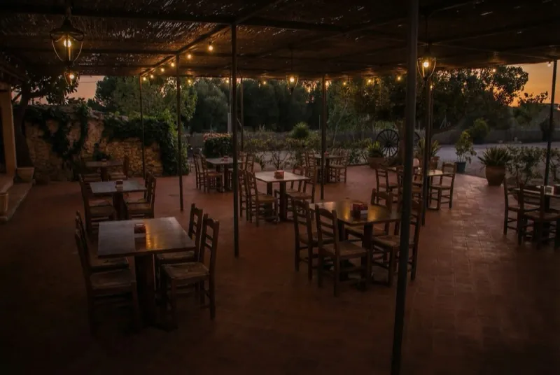 Terraza exterior con luces al atardecer en Son Colom